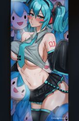 Rule 34 | blue hair, blush, breasts, condylonucla, embarrassed, hatsune miku, highres, large breasts, midriff, sweat, thighhighs, thighs, tight clothes