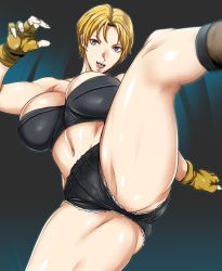 Rule 34 | 1girl, akikusa peperon, alternate color, ass, blonde hair, blue eyes, breasts, capcom, cleavage, denim, denim shorts, final fight, final fight 3, fingerless gloves, gloves, gluteal fold, groin tendon, kicking, large breasts, legs, lucia morgan, midriff, navel, open mouth, shiny skin, short hair, shorts, smile, sports bra, spread legs, street fighter, street fighter v, thick thighs, thighs, toned