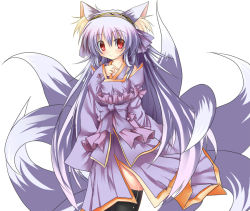 Rule 34 | 1girl, animal ears, fox ears, fox tail, long hair, multiple tails, purple hair, red eyes, simple background, smile, solo, tail, tinkvov, very long hair, white background
