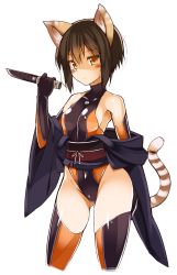 Rule 34 | 1girl, animal ears, arm behind back, bare shoulders, blush, breasts, brown hair, contrapposto, covered navel, cropped legs, elbow gloves, expressionless, gloves, highleg, highleg leotard, highres, holding, japanese clothes, kimono, knife, leotard, obi, off shoulder, ohta yuichi, orange eyes, original, sash, short hair, short kimono, simple background, skin tight, small breasts, solo, standing, striped tail, tail, tail ornament, tail ring, thighhighs, white background