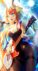 Rule 34 | 1girl, alternate costume, animal ears, aqua eyes, bad id, bad twitter id, black leotard, black pantyhose, breasts, cleavage, commentary request, detached collar, electric guitar, fake animal ears, genshin impact, guitar, highres, holding, holding instrument, instrument, leotard, long hair, medium breasts, microphone, nilou (genshin impact), open mouth, pantyhose, pistachiocream, playboy bunny, rabbit ears, rabbit tail, red hair, solo, thighs, white wrist cuffs, wrist cuffs