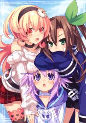 Rule 34 | &gt;:), &gt;:o, 10s, 2010, 3girls, :d, :o, absurdres, arm on own head, belt, black legwear, blush, bow, breast rest, breasts, breasts on head, brown hair, choujigen game neptune, collar, compa, d-pad, dated, detached sleeves, emblem, female focus, girl sandwich, green eyes, hair bow, hair ornament, hairband, highres, hood, hooded track jacket, hoodie, if (neptunia), jacket, long hair, long sleeves, looking at viewer, looking up, medium breasts, multiple girls, neptune (neptunia), neptune (series), official art, open mouth, orange eyes, orange hair, plaid, plaid skirt, purple eyes, purple hair, ribbed sweater, sandwiched, skirt, sleeves past wrists, smile, sweater, thighhighs, track jacket, tsunako, v-shaped eyebrows, zettai ryouiki