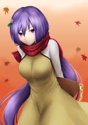 Rule 34 | 1girl, arms behind back, biwa lute, blush, breasts, dress, eyes visible through hair, flower, gnlo, hair flower, hair ornament, highres, instrument, large breasts, leaf, leaning forward, long hair, long sleeves, looking at viewer, lute (instrument), petticoat, purple eyes, purple hair, scarf, short dress, simple background, smile, solo, touhou, tsukumo benben
