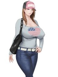 Rule 34 | 1girl, bag, baseball cap, belt, blue eyes, breasts, brown hair, casual, cleavage, closed mouth, commentary request, covered erect nipples, cowboy shot, denim, grey sweater, hand on own hip, handbag, hat, highres, jeans, large breasts, long hair, looking at viewer, mature female, original, pants, pink lips, shisshou senkoku, solo, studded belt, sweater, white background, white belt