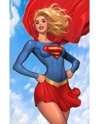 Rule 34 | 1girl, blonde hair, blue eyes, blue shirt, blue sky, breasts, cape, clenched hands, cloud, david nakayama, dc comics, gold belt, hands on own hips, highres, long hair, looking at viewer, medium breasts, pillarboxed, red cape, red lips, red skirt, shirt, skirt, sky, solo, supergirl, superman (series), superman logo, tight clothes, tight shirt