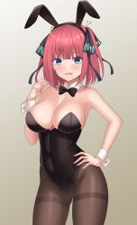 Rule 34 | 1girl, :d, animal ears, armpits, bare shoulders, black bow, black bowtie, black pantyhose, blue eyes, blunt bangs, blush, bow, bowtie, breasts, butterfly hair ornament, cleavage, collarbone, detached collar, fake animal ears, go-toubun no hanayome, gradient background, hair ornament, hair ribbon, hairband, hand on own hip, highres, large breasts, leotard, looking at viewer, nakano nino, open mouth, pantyhose, playboy bunny, rabbit ears, red hair, ribbon, short hair, sleeveless, smile, solo, strapless, strapless leotard, thighband pantyhose, vodka13, wrist cuffs