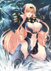Rule 34 | 1girl, 4.211 brass knuckles, android, arm blade, armor, assault mount 3.25 sting-blades, bikini armor, blonde hair, brass knuckles, breasts, cannon, center opening, chest cannon, cleavage, gun, haganef, jaeger (pacific rim), joints, large breasts, legendary pictures, long hair, looking at viewer, mecha, mecha musume, mechanical arms, missile launcher, navel, ocean, open mouth, orange eyes, pacific rim, pan pacific defense corps, personification, revealing clothes, ringed eyes, robot, robot joints, rocket launcher, solo, striker eureka, sword, thighhighs, underboob, very long hair, water, weapon, wmb2x90 anti-kaiju missile launcher, wrist blades