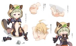 Rule 34 | 1boy, 1girl, aether (genshin impact), animal ears, barefoot, black gloves, blush, captain lamb, child, covering face, embarrassed, faceless, faceless male, fake animal ears, fake tail, feet, fingerless gloves, foot worship, genshin impact, gloves, green hair, highres, holding another&#039;s foot, japanese clothes, leaf, leaf on head, licking, licking foot, raccoon ears, raccoon tail, sayu (genshin impact), scratches, shoes, single shoe, soles, tail, toe sucking, toeless footwear, toes