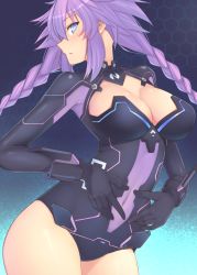 Rule 34 | 1girl, blue eyes, blush, braid, breasts, cleavage, cleavage cutout, clothing cutout, covered navel, cowboy shot, dura, hands on own stomach, highres, large breasts, leotard, long hair, looking at viewer, neptune (series), open mouth, power symbol, power symbol-shaped pupils, purple hair, purple heart (neptunia), skin tight, solo, symbol-shaped pupils, twin braids, twintails
