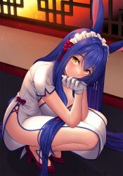 Rule 34 | 1girl, animal ears, blue hair, blush, breasts, china dress, chinese clothes, cleavage, closed mouth, dress, gloves, high heels, highres, indoors, large breasts, long hair, looking at viewer, maid headdress, original, rabbit ears, rabbit girl, solo, sorakase sawa, squatting, white gloves, yellow eyes