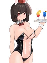 Rule 34 | 1girl, absurdres, alternate costume, animal ears, black hair, bow, bowtie, breasts, canonball (dungigi12), commentary, cowboy shot, detached collar, drink, english commentary, fake animal ears, hand up, highres, holding, holding tray, large breasts, leotard, medium hair, meme attire, mole, mole on breast, playboy bunny, red bow, red bowtie, red eyes, see-through, see-through leotard, shameimaru aya, smile, solo, strapless, strapless leotard, touhou, translucent bunnysuit, tray, wing collar, wrist cuffs