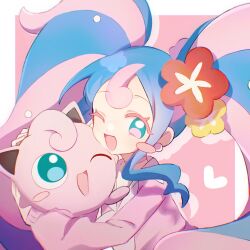 Rule 34 | 1girl, ;d, blue eyes, blue hair, blush, choker, colored eyelashes, commentary, creatures (company), curly hair, earrings, fairy miku (project voltage), flower, game freak, gen 1 pokemon, hair flower, hair ornament, hatsune miku, highres, holding, holding pokemon, hug, jewelry, jigglypuff, long hair, long sleeves, looking at another, mei mei chao mian mian, multicolored hair, nintendo, one eye closed, open mouth, pink choker, pink hair, pink sweater, pokemon, pokemon (creature), project voltage, red flower, sidelocks, smile, sweater, symbol-only commentary, twintails, two-tone hair, upper body, very long hair, vocaloid, yellow flower