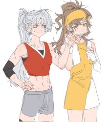 Rule 34 | 2girls, abs, blue eyes, braid, bright pupils, brown hair, closed mouth, commentary request, cowboy shot, dikke (reverse:1999), dikke (the pointy end up) (reverse:1999), dress, elbow gloves, elbow rest, fist bump, french braid, gloves, grey shorts, hairband, hand on own hip, highres, long hair, molu stranger, multiple girls, one eye closed, partially fingerless gloves, ponytail, red tank top, reverse:1999, shorts, simple background, single glove, sleeveless, sleeveless dress, smile, sweat, tank top, tooth fairy (ace through the bagel) (reverse:1999), tooth fairy (reverse:1999), two-tone dress, undershirt, white background, white dress, white gloves, white hair, white pupils, yellow dress, yellow eyes, yellow hairband