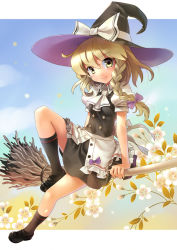 Rule 34 | 1girl, arm support, blonde hair, bow, braid, broom, brown eyes, female focus, full body, hair bow, hat, katahira masashi, kirisame marisa, long hair, outside border, sitting, smile, solo, touhou, wild and horned hermit, witch, witch hat