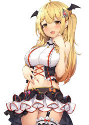 Rule 34 | 1girl, :d, ahoge, bare arms, bare shoulders, black skirt, blonde hair, breasts, bridal garter, cowboy shot, crop top, fang, frilled shirt, frills, gothic lolita, hair ornament, hand on own stomach, hand up, head wings, highres, hololive, large breasts, lolita fashion, long hair, looking at viewer, midriff, miniskirt, navel, open mouth, orange eyes, pak ce, pointy ears, shirt, sidelocks, simple background, skirt, sleeveless, sleeveless shirt, smile, solo, stomach, two-tone skirt, virtual youtuber, white background, white shirt, wings, yozora mel, yozora mel (5th costume)