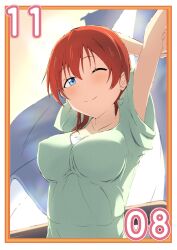 Rule 34 | 1girl, absurdres, arms behind head, arms up, blue eyes, breasts, brown hair, closed mouth, collarbone, curtains, dated, emma verde, freckles, green pajamas, hair between eyes, hair down, hand on own arm, highres, large breasts, light blush, long hair, looking at viewer, love live!, love live! nijigasaki high school idol club, november, one eye closed, pajamas, smile, solo, stretching, waking up, wind, zasshoku ojisan