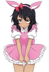 Rule 34 | 10s, 1girl, alternate costume, andou (girls und panzer), animal ears, black hair, blush, bow, brown eyes, closed mouth, collared shirt, commentary, cowboy shot, dark-skinned female, dark skin, dress, dress tug, embarrassed, fake animal ears, frilled dress, frills, frown, girls und panzer, hair bow, highres, jitome, looking at viewer, medium hair, messy hair, pinafore dress, pink dress, puffy short sleeves, puffy sleeves, rabbit ears, red bow, ruruepa, shirt, short dress, short sleeves, simple background, sleeveless dress, solo, standing, v-shaped eyebrows, white background, white shirt