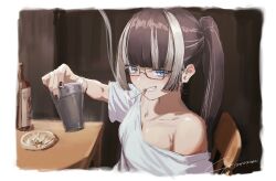 Rule 34 | 1girl, absurdres, ashtray, black-framed eyewear, black hair, black nails, blue eyes, blush, bottle, breasts, chair, cigarette, clenched teeth, closed mouth, clothes pull, collarbone, cup, glasses, highres, holding, holding cup, hololive, hololive dev is, indoors, juufuutei raden, long hair, looking at viewer, medium breasts, multicolored hair, nail polish, on chair, ponytail, shirt, shirt pull, signature, single bare shoulder, sitting, smile, smoke, smoking, solo, table, teeth, two-tone hair, upper body, virtual youtuber, white hair, white shirt, yo na