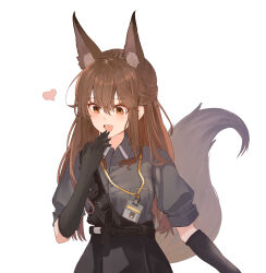 Rule 34 | 1girl, absurdres, animal ear fluff, animal ears, arknights, belt, black belt, black gloves, black skirt, breasts, brown hair, buttons, collared shirt, commentary request, dress shirt, elbow gloves, fox ears, fox girl, fox tail, franka (arknights), gloves, grey shirt, hair between eyes, hand up, heart, highres, id card, long hair, looking to the side, medium breasts, open mouth, orange eyes, pocket, puffy short sleeves, puffy sleeves, revision, shirt, short sleeves, sidelocks, simple background, skirt, smile, solo, standing, suzubotan, tail, tail raised, white background