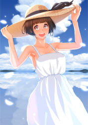 Rule 34 | 1girl, :d, armpits, bare shoulders, blue sky, blunt bangs, blush, bob cut, breasts, brown eyes, brown hair, cleavage, cloud, day, dress, hands on headwear, hat, island, looking at viewer, medium breasts, nanahime, open mouth, outdoors, reflection, short hair, sky, sleeveless, sleeveless dress, smile, solo, standing, sun hat, sundress, water, white dress