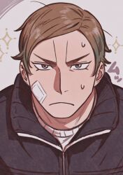 Rule 34 | 1boy, bandage on face, bandages, brown hair, dogsred, frown, highres, looking at viewer, male focus, shirakawa rou, short hair, solo, sparkle, sweat, tonta (tonta1231), upper body