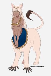 Rule 34 | 1girl, animal ears, artist name, blue nails, blunt bangs, breasts, bright pupils, brown fur, brown hair, cat ears, centauroid, fangs, full body, fur-tipped tail, grey background, head chain, highres, jewelry, kizuta (barometz), lion tail, long hair, looking at viewer, medium breasts, monster girl, necklace, open mouth, original, simple background, smile, solo, sphinx, standing, tail, taur, twitter username, white pupils, yellow eyes