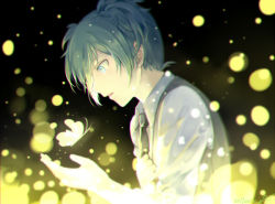 Rule 34 | 1boy, androgynous, ansatsu kyoushitsu, bug, butterfly, from side, green hair, hand on own chest, hands up, insect, male focus, meipoi, necktie, necktie grab, neckwear grab, open mouth, profile, shiota nagisa, shirt, short hair, solo, upper body, vest, white shirt, yellow butterfly