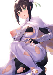 Rule 34 | 1girl, arm guards, black bodysuit, black gloves, black hair, bodysuit, breasts, bun cover, capelet, double bun, elbow gloves, fate/grand order, fate (series), fingerless gloves, gloves, green eyes, green ribbon, hair bun, hair ribbon, highres, ibuki notsu, jewelry, kneeling, large breasts, looking at viewer, neck ring, nipples, open mouth, qin liangyu (fate), ribbon, sidelocks, solo, thighs, torn bodysuit, torn clothes, white bodysuit, white capelet