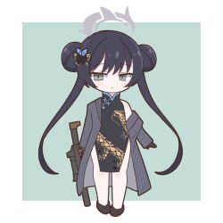 Rule 34 | 1girl, achilles (yosshyachillesd), black coat, black dress, black hair, blue archive, butterfly hair ornament, chibi, china dress, chinese clothes, coat, commentary request, cs/ls06, double bun, dress, full body, grey eyes, gun, hair between eyes, hair bun, hair ornament, halo, highres, holding, holding gun, holding weapon, kisaki (blue archive), long hair, looking at viewer, open clothes, open coat, pelvic curtain, side slit, sidelocks, simple background, sleeveless, sleeveless turtleneck, solo, standing, turtleneck, twintails, two-tone background, very long hair, weapon
