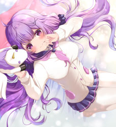 Rule 34 | 1girl, ahoge, azur lane, bed, blue sailor collar, blush, breasts, buttons, cardigan, closed mouth, commentary request, hair ornament, long sleeves, looking at viewer, lying, medium breasts, neckerchief, on back, on bed, pantyhose, purple eyes, purple hair, purple neckerchief, purple skirt, sailor collar, sakura (ichisakupink), skirt, smile, solo, stuffed unicorn, twintails, unicorn (long-awaited date) (azur lane), unicorn (azur lane), white cardigan, white pantyhose, x hair ornament