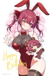 Rule 34 | 1girl, animal ear hairband, animal ears, bare shoulders, black thighhighs, blush, bow, bowtie, breasts, chibi, cleavage, commentary request, covered navel, curvy, fake animal ears, grin, groin, hair ribbon, hairband, happy birthday, heterochromia, highleg, highleg leotard, hololive, houshou kumarine, houshou marine, large breasts, leotard, long hair, looking at viewer, narrow waist, playboy bunny, rabbit ear hairband, rabbit ears, red bow, red bowtie, red eyes, red hair, red hairband, red leotard, red ribbon, ribbon, see-through clothes, see-through cleavage, skindentation, smile, solo, thighhighs, torinokawori, twintails, virtual youtuber, waving, wide hips, yellow eyes