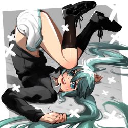 Rule 34 | 1girl, :d, @ @, blue eyes, blue hair, blush, collared shirt, hatsune miku, hayato noda, highres, long hair, lying, midriff, open mouth, pleated skirt, popped collar, ringed eyes, rolling girl (vocaloid), shirt, skirt, smile, socks, solo, sweat, sweater, twintails, upside-down, very long hair, vocaloid