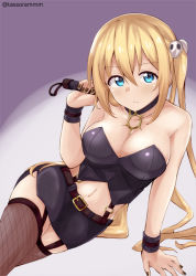 Rule 34 | 1girl, arm support, arm up, bad id, bad pixiv id, bare shoulders, belt, belt buckle, black nails, black skirt, black thighhighs, blend s, blonde hair, blue eyes, blush, brown belt, buckle, closed mouth, commentary request, fingernails, fishnet thighhighs, fishnets, garter straps, hair between eyes, hair ornament, hinata kaho, holding, holding whip, leaning to the side, long hair, looking at viewer, midriff, miniskirt, nail polish, navel, purple background, sidelocks, simple background, skirt, skull hair ornament, solo, strapless, tasora, thighhighs, twintails, twitter username, very long hair, whip, wrist cuffs
