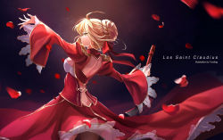 Rule 34 | 10s, 1girl, aestus estus, ahoge, arms up, artist name, back, back cutout, backlighting, breasts, butt crack, character name, closed mouth, clothing cutout, cowboy shot, dress, epaulettes, fate/extra, fate (series), from behind, gradient background, green eyes, hair bun, hair ribbon, highres, holding, holding sword, holding weapon, juliet sleeves, lalazyt, long dress, long sleeves, medium breasts, motion blur, nero claudius (fate), nero claudius (fate) (all), nero claudius (fate/extra), outstretched arms, petals, profile, puffy sleeves, red dress, red ribbon, ribbon, rose petals, short hair, sideboob, single hair bun, smile, standing, sword, tsurime, weapon, wide sleeves