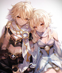 Rule 34 | 1boy, 1girl, aether (genshin impact), ahoge, black gloves, blonde hair, braid, breasts, brother and sister, cleavage, closed eyes, detached sleeves, dress, earrings, genshin impact, gloves, hair between eyes, highres, holding hands, jewelry, long hair, looking at viewer, lumine (genshin impact), medium breasts, partially fingerless gloves, qi2341, scarf, short hair with long locks, short sleeves, siblings, simple background, single braid, single earring, sitting, white dress, white scarf, yellow eyes