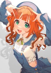 Rule 34 | 1girl, absurdres, beret, blush, crop top, detached sleeves, double v, green eyes, hands up, hat, highres, idolmaster, idolmaster (classic), long hair, looking at viewer, open mouth, orange hair, overall skirt, overalls, shirt, smile, solo, takatsuki yayoi, tanupon, upper body, v, wavy hair, white shirt