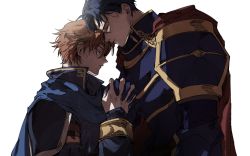 Rule 34 | 2boys, armor, bad id, bad twitter id, blue armor, blue hair, cape, eliwood (fire emblem), fire emblem, fire emblem: the blazing blade, forehead-to-forehead, gloves, heads together, hector (fire emblem), highres, holding hands, multiple boys, nintendo, red hair, short hair, zzzdjgbtq