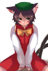 Rule 34 | 1girl, animal ears, bow, bowtie, brown hair, cat ears, cat tail, chen, earrings, hat, highres, jewelry, kashiwara mana, long sleeves, looking to the side, multiple tails, short hair, simple background, single earring, sitting, solo, tail, touhou, wariza, white background