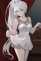 Rule 34 | 1boy, 1girl, bare arms, bare shoulders, blue eyes, breasts, closed mouth, collarbone, couch, cowboy shot, curtains, dress, gradient background, grey background, grey hair, highres, holding hands, long hair, looking at viewer, medium breasts, ponytail, rwby, scar, scar across eye, scar on face, short dress, skirt hold, sleeveless, sleeveless dress, smile, solo focus, very long hair, wangxiii, weiss schnee, white dress