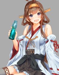 Rule 34 | 1girl, :d, ahoge, arm support, bare shoulders, blush, boots, bottle, breasts, brown hair, collarbone, detached sleeves, double bun, grey background, hair bun, hairband, headgear, highres, holding, holding bottle, japanese clothes, kantai collection, kongou (kancolle), kongou kai ni (kancolle), konkito, long hair, looking at viewer, nontraditional miko, open mouth, purple eyes, ramune, sash, sidelocks, simple background, sitting, skirt, smile, solo, sweatdrop, thigh boots, thighhighs, thighs, wide sleeves