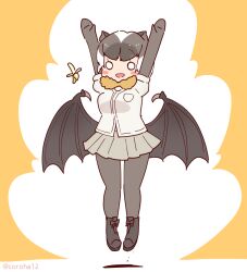 Rule 34 | 1girl, animal ears, arms up, banana, bat ears, bat girl, bat wings, boots, coroha, daito fruit bat (kemono friends), elbow gloves, extra ears, food, fruit, full body, gloves, grey hair, jacket, jumping, kemono friends, kemono friends 3, looking at viewer, pantyhose, scarf, short hair, simple background, skirt, solo, wings, yellow background