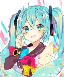 Rule 34 | 1girl, :d, artist name, bad id, bad pixiv id, blue bow, blue eyes, blue hair, blue nails, bow, collarbone, detached sleeves, hair between eyes, hair ribbon, hatsune miku, long hair, nail polish, open mouth, red bow, ribbon, smile, solo, tattoo, twintails, upper body, very long hair, vocaloid, white ribbon, yellow bow, zahravoca (annpratamav)