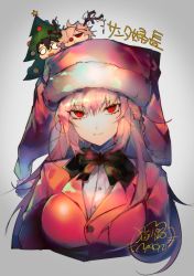 Rule 34 | 1girl, animal costume, bow, bowtie, breasts, chibi, christmas tree costume, cropped torso, edmond dantes (fate), fate/grand order, fate (series), florence nightingale (fate), florence nightingale (santa) (fate), fujimaru ritsuka (male), grey background, hat, large breasts, maon (vava0210), pink hair, red eyes, reindeer costume, santa hat, signature, smile, solo