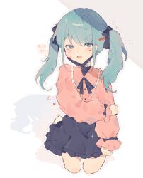Rule 34 | 1girl, absurdres, blood, blood on face, commentary, daishyyy, fang, hair ornament, hatsune miku, heart, heart hair ornament, highres, holding own arm, long hair, long sleeves, looking at viewer, mask, mouth mask, open mouth, ribbon, seiza, shirt, sitting, skirt, smile, solo, sparkling aura, twintails, v-shaped eyebrows, vampire (vocaloid), vocaloid