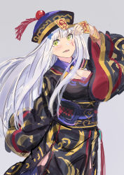 Rule 34 | 1girl, blush, breasts, charm (object), chinese clothes, cleavage, cleavage cutout, clothing cutout, commentary request, echj, fangs, girls&#039; frontline, green eyes, hat, highres, hk416 (girls&#039; frontline), jiangshi costume, large breasts, long hair, long sleeves, looking at viewer, open mouth, solo, vampire, white hair