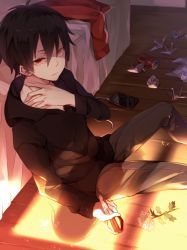Rule 34 | 1boy, bed, black hair, cable, can, cellphone, crack, drink can, flower, from above, from side, frown, indoors, jacket, kagerou project, kisaragi shintarou, male focus, origami, paper crane, phone, recotasan, red eyes, scissors, short hair, sitting, smartphone, soda can, solo, unworn jacket, wooden floor