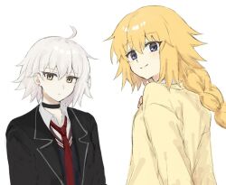Rule 34 | 2girls, ahoge, black choker, black jacket, blonde hair, blue eyes, blush, braid, braided ponytail, cardigan, choker, closed mouth, collared shirt, commentary request, fate/grand order, fate (series), grey hair, jacket, jeanne d&#039;arc (fate), jeanne d&#039;arc alter (fate), korean commentary, kumtlekumtle, long hair, long sleeves, looking at viewer, multiple girls, necktie, official alternate costume, open clothes, open jacket, red necktie, school uniform, shirt, short hair, simple background, smile, white background, white shirt, yellow cardigan, yellow eyes