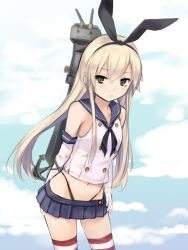 Rule 34 | 10s, 1girl, anchor, black panties, blonde hair, blush, coffee-kizoku, elbow gloves, gloves, hair ornament, hairband, highleg, highleg panties, kantai collection, long hair, looking at viewer, navel, panties, personification, rensouhou-chan, shimakaze (kancolle), sketch, skirt, solo, striped clothes, striped thighhighs, thighhighs, underwear, white gloves, zettai ryouiki