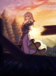 Rule 34 | 10s, 1girl, blonde hair, blue eyes, braid, closed mouth, crying, crying with eyes open, koko (koko3), long sleeves, looking away, medium hair, outdoors, solo, sunset, tears, tree, violet evergarden, violet evergarden (series)