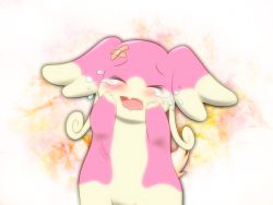 Rule 34 | 10s, audino, bandaid, blush, closed eyes, colored skin, creatures (company), danrebo, game freak, gen 5 pokemon, gradient background, nintendo, no humans, open mouth, pink skin, pokemon, pokemon (creature), pokemon bw, scar, solo, standing, tears, white background